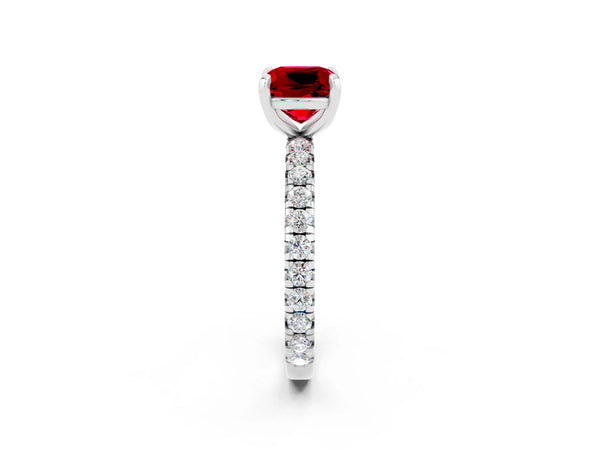 Platinum Cushion Cut Ruby Pavé Solitaire Ring with Round Band and Prong Setting