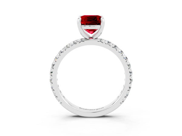 Platinum Cushion Cut Ruby Pavé Solitaire Ring with Round Band and Prong Setting