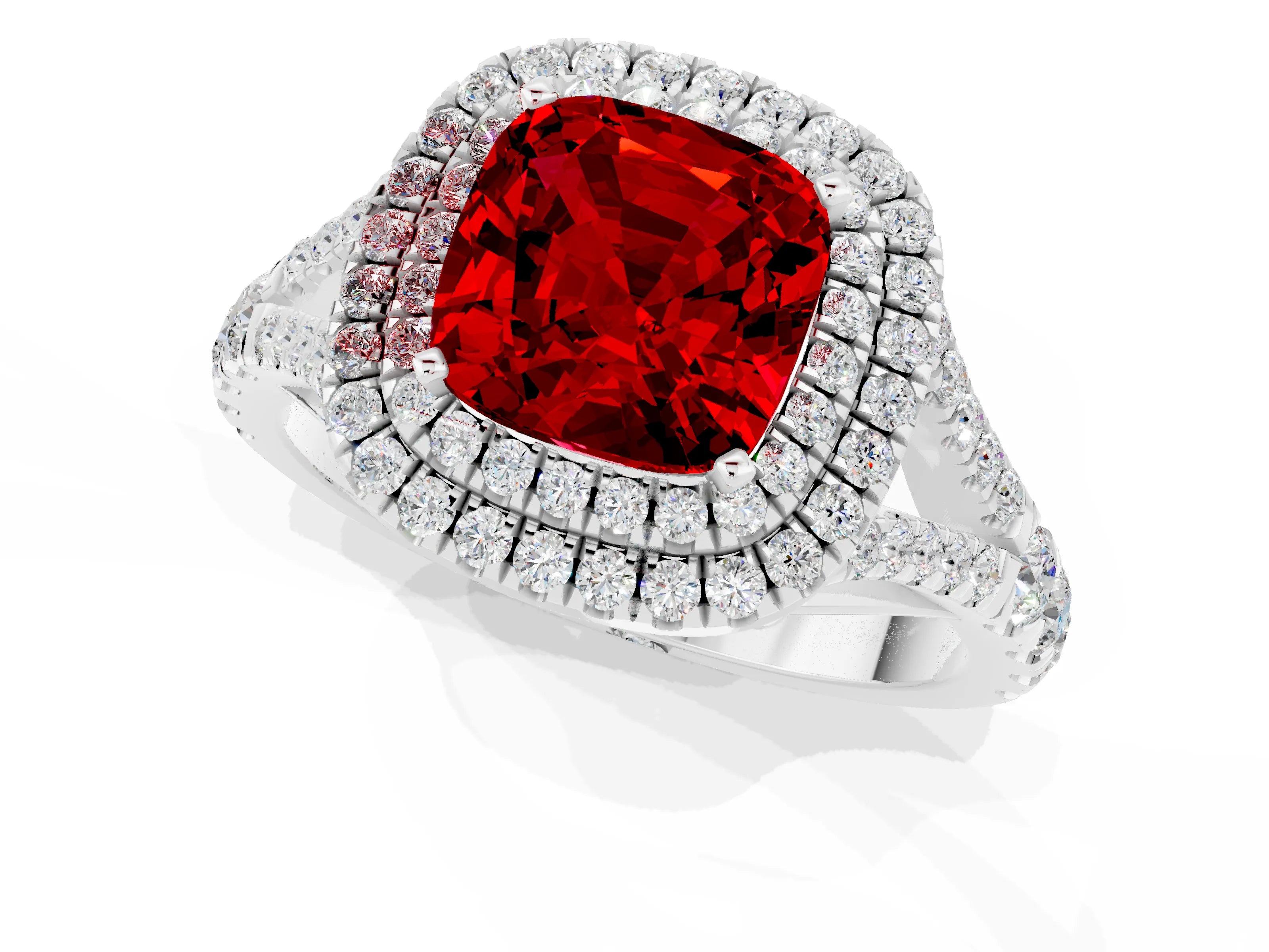 White gold Cushion Cut Ruby Pavé Split Shank Double Halo Engagement Ring_1