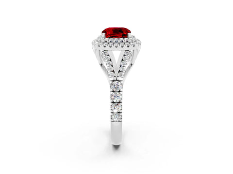 White gold Cushion Cut Ruby Pavé Split Shank Double Halo Engagement Ring_2