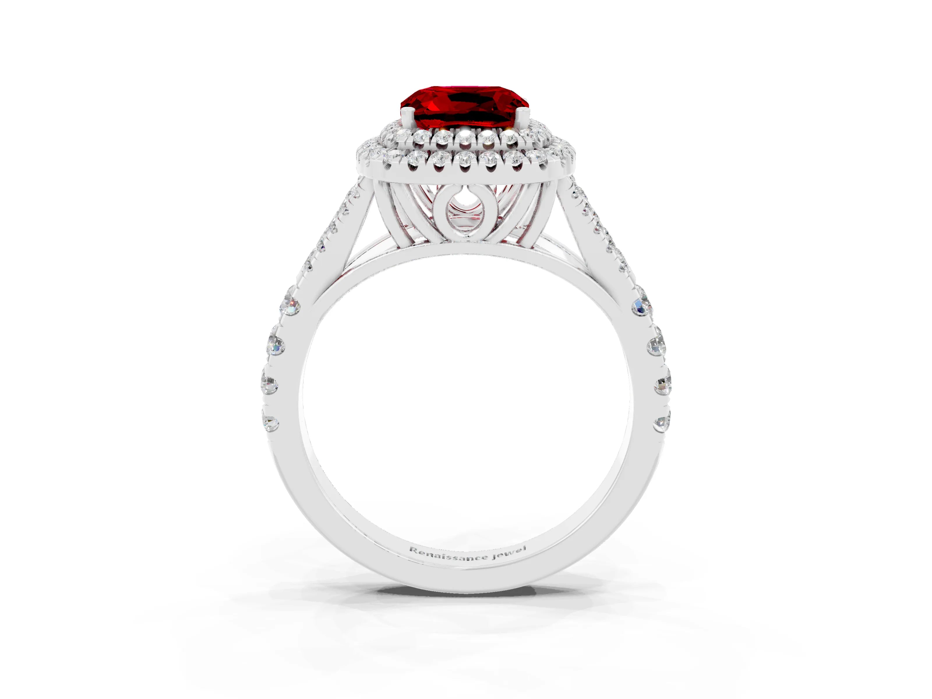 White gold Cushion Cut Ruby Pavé Split Shank Double Halo Engagement Ring_3