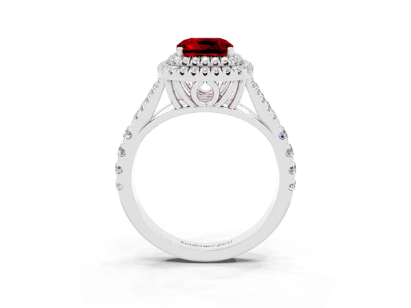 Silver Cushion Cut Ruby Pavé Split Shank Double Halo Engagement Ring