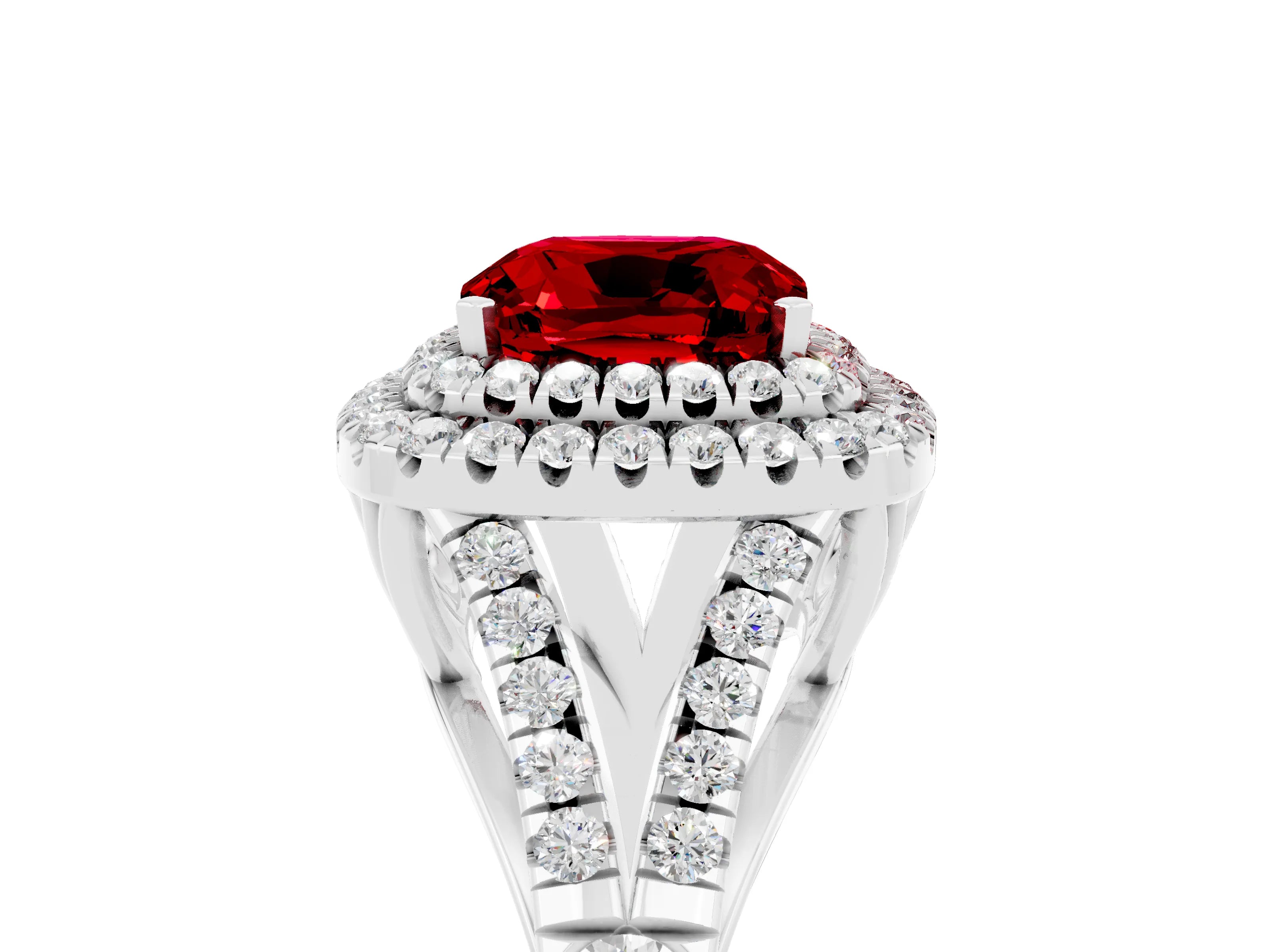 White gold Cushion Cut Ruby Pavé Split Shank Double Halo Engagement Ring_5