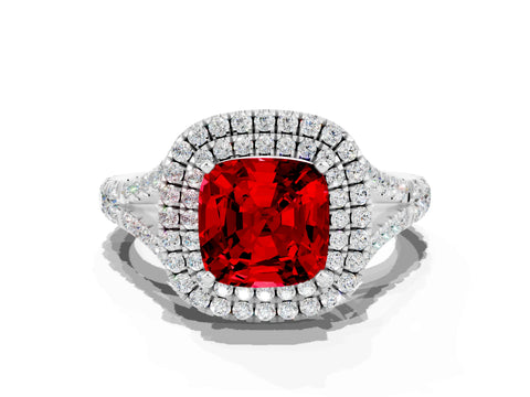 White gold Cushion Cut Ruby Pavé Split Shank Double Halo Engagement Ring