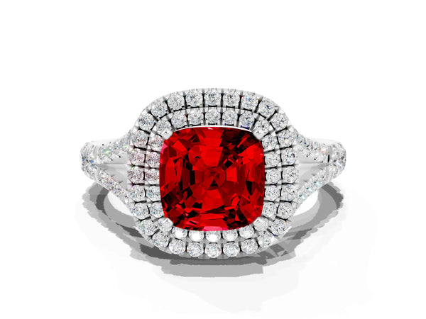 Silver Cushion Cut Ruby Pavé Split Shank Double Halo Engagement Ring