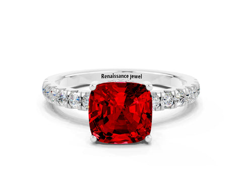 White gold Cushion Cut Ruby Pave Band Solitaire Ring with Four-Prong Setting_24