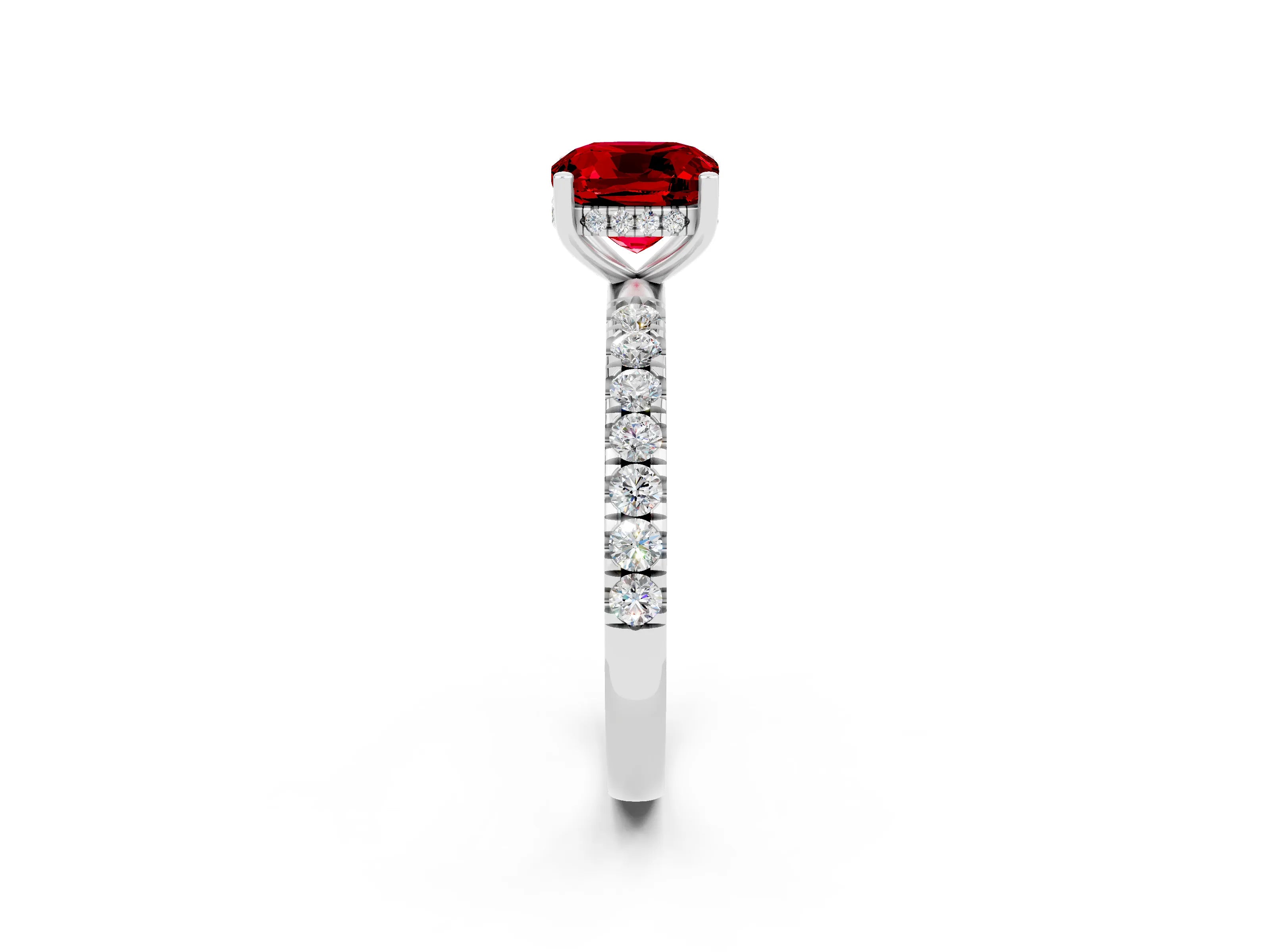White gold Cushion Cut Ruby Pave Band Solitaire Ring with Four-Prong Setting_26
