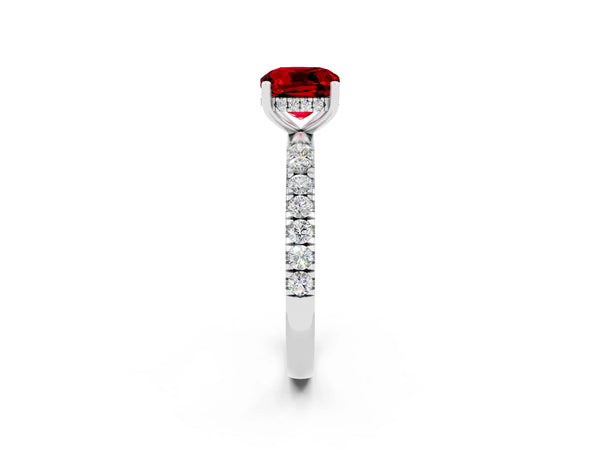Silver Cushion Cut Ruby Pave Band Solitaire Ring with Round  and Prong Setting