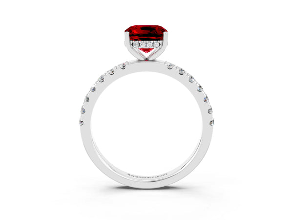 Platinum Cushion Cut Ruby Pave Band Solitaire Ring with Round  and Prong Setting