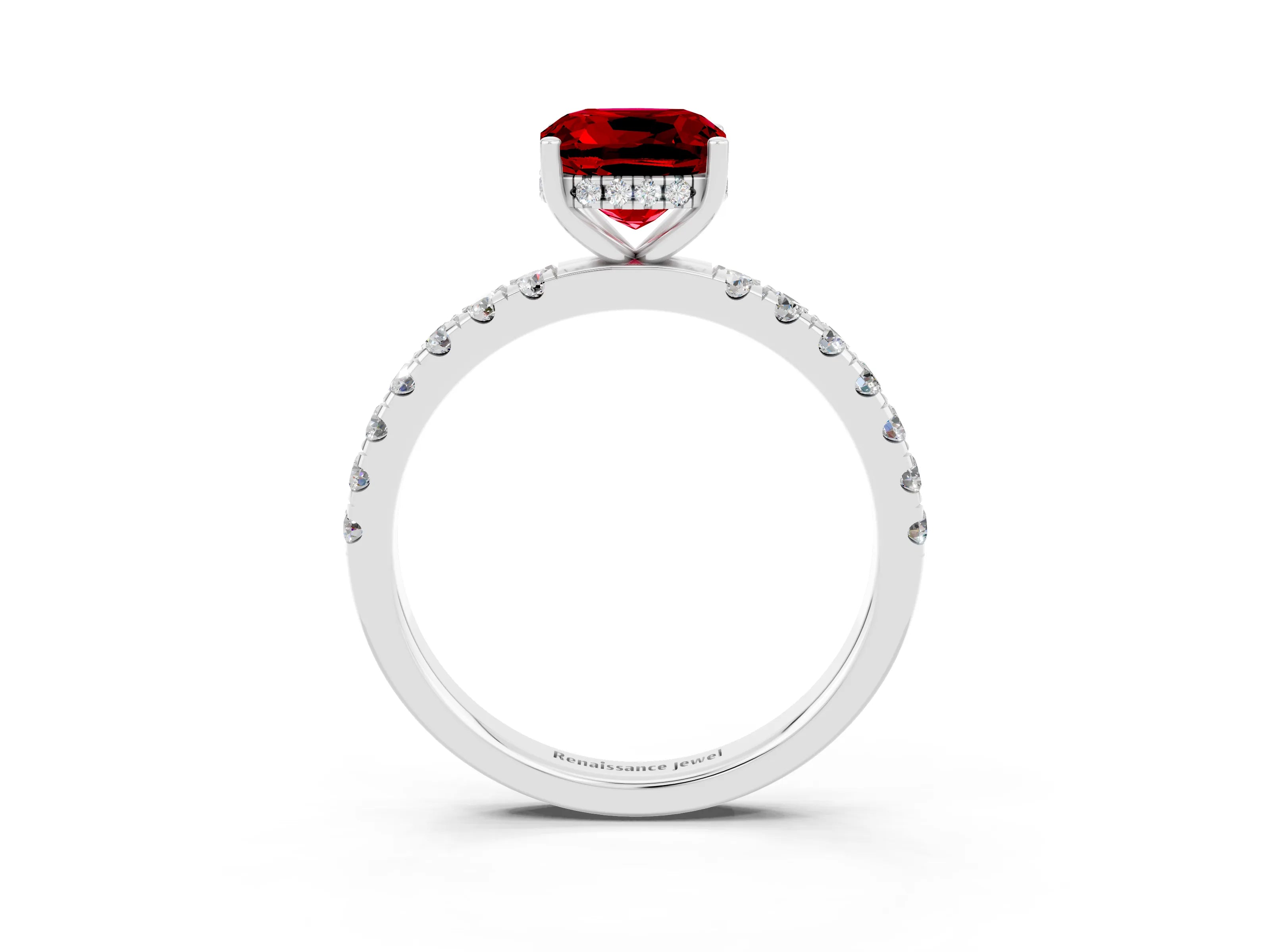 White gold Cushion Cut Ruby Pave Band Solitaire Ring with Four-Prong Setting_27