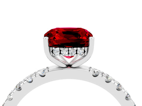 White gold Cushion Cut Ruby Pave Band Solitaire Ring with Four-Prong Setting_28