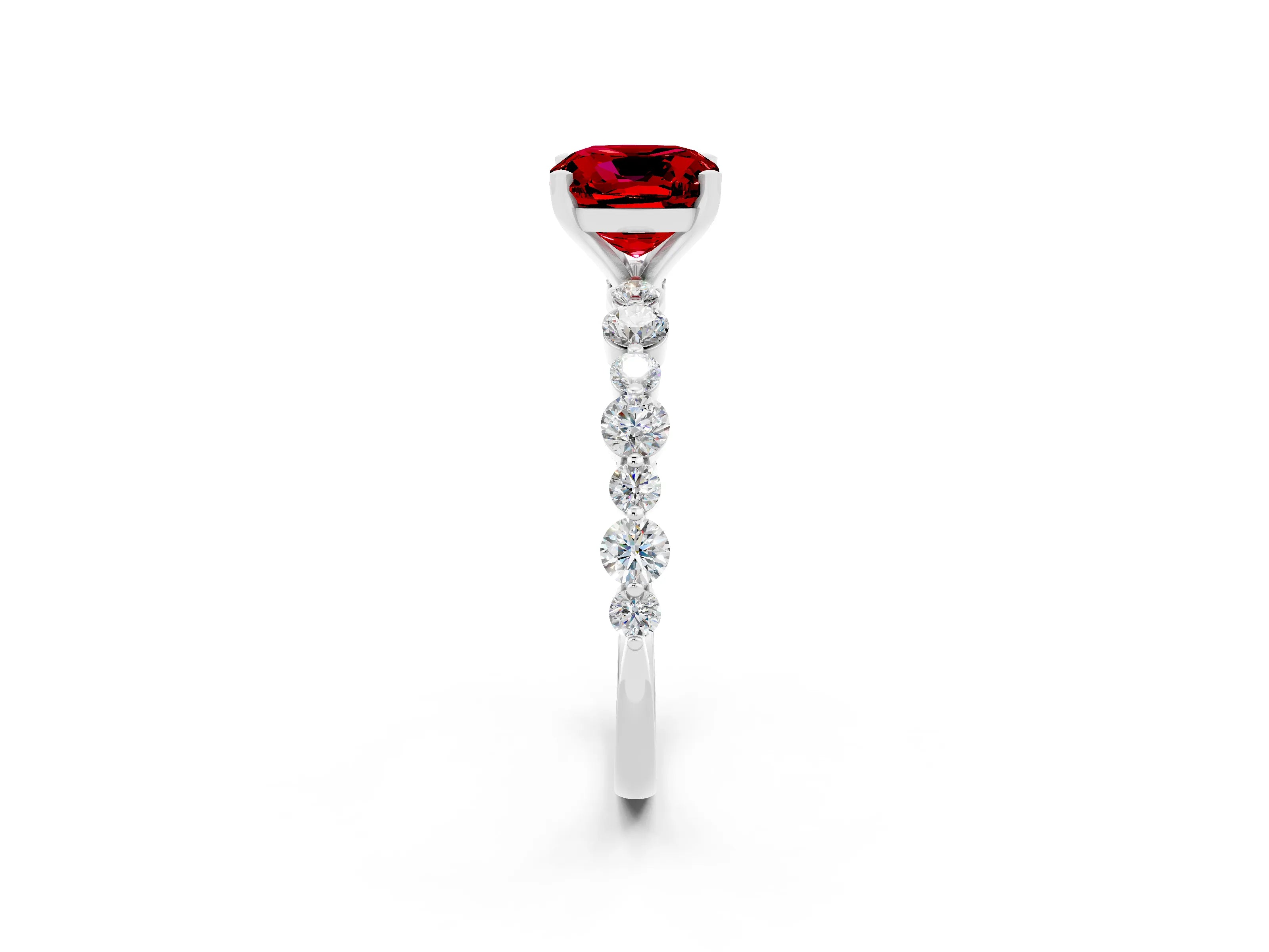 White gold Cushion Cut Ruby Prong Set Engagement Ring with Pavé Band_2