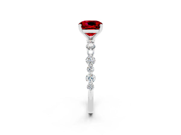 White gold Cushion Cut Ruby Prong Set Engagement Ring with Pavé Band