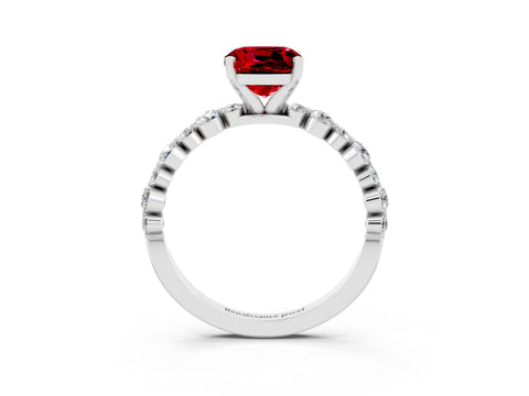White gold Cushion Cut Ruby Prong Set Engagement Ring with Pavé Band_3