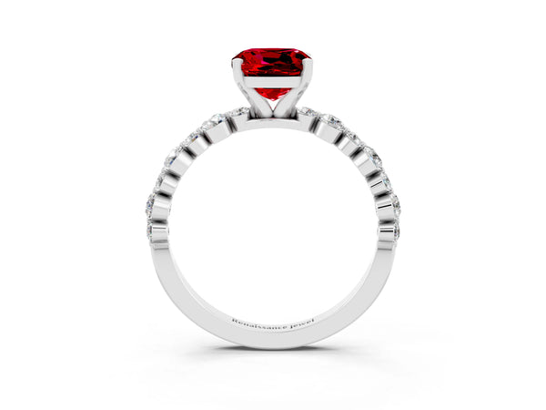 Silver Cushion Cut Ruby Prong Set Engagement Ring with Pavé Band