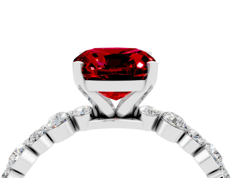 White gold Cushion Cut Ruby Prong Set Engagement Ring with Pavé Band_4