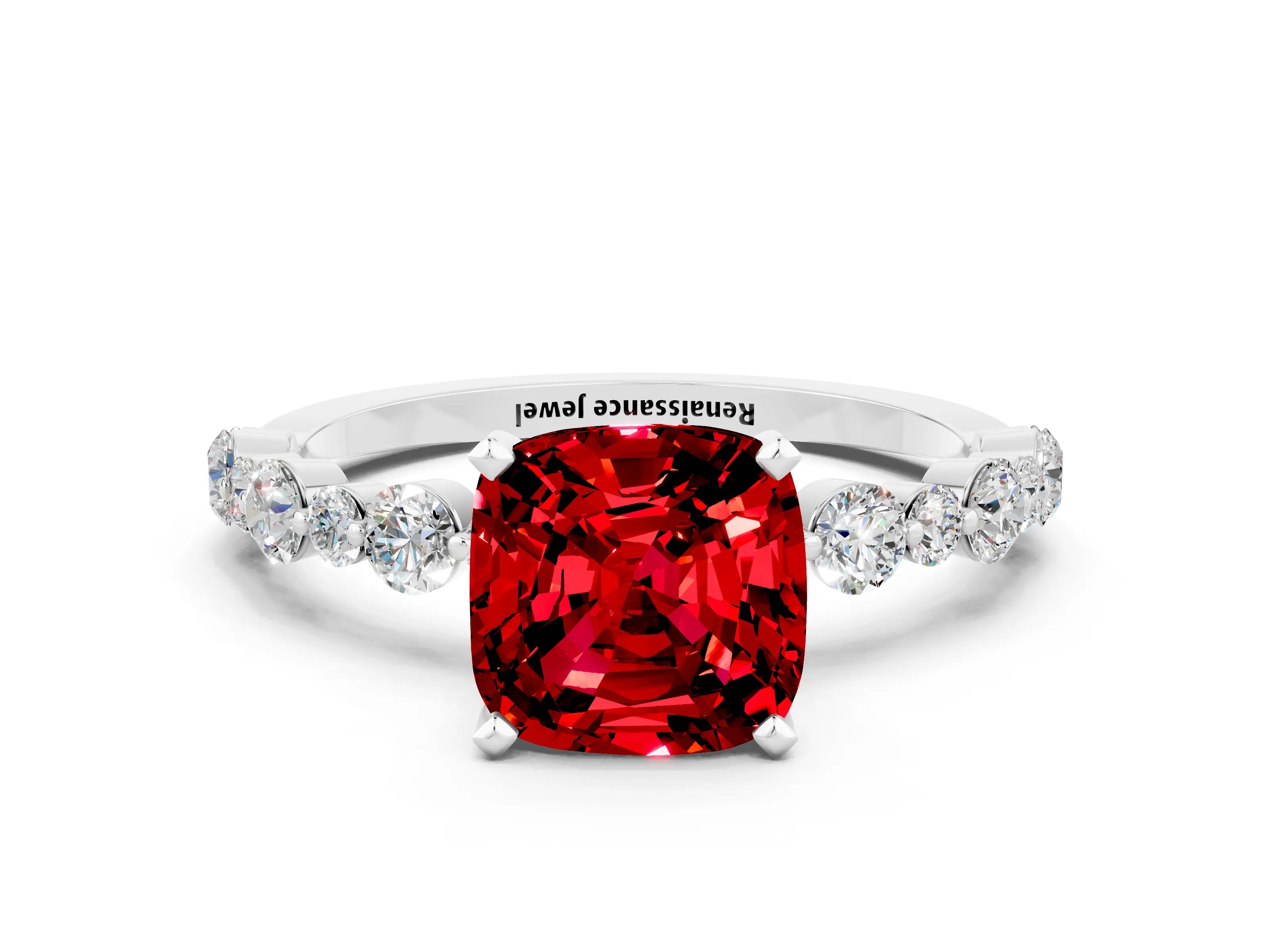 White gold Cushion Cut Ruby Prong Set Engagement Ring with Pavé Band
