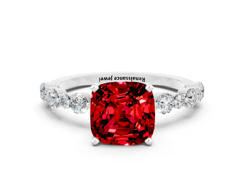 White gold Cushion Cut Ruby Prong Set Engagement Ring with Pavé Band
