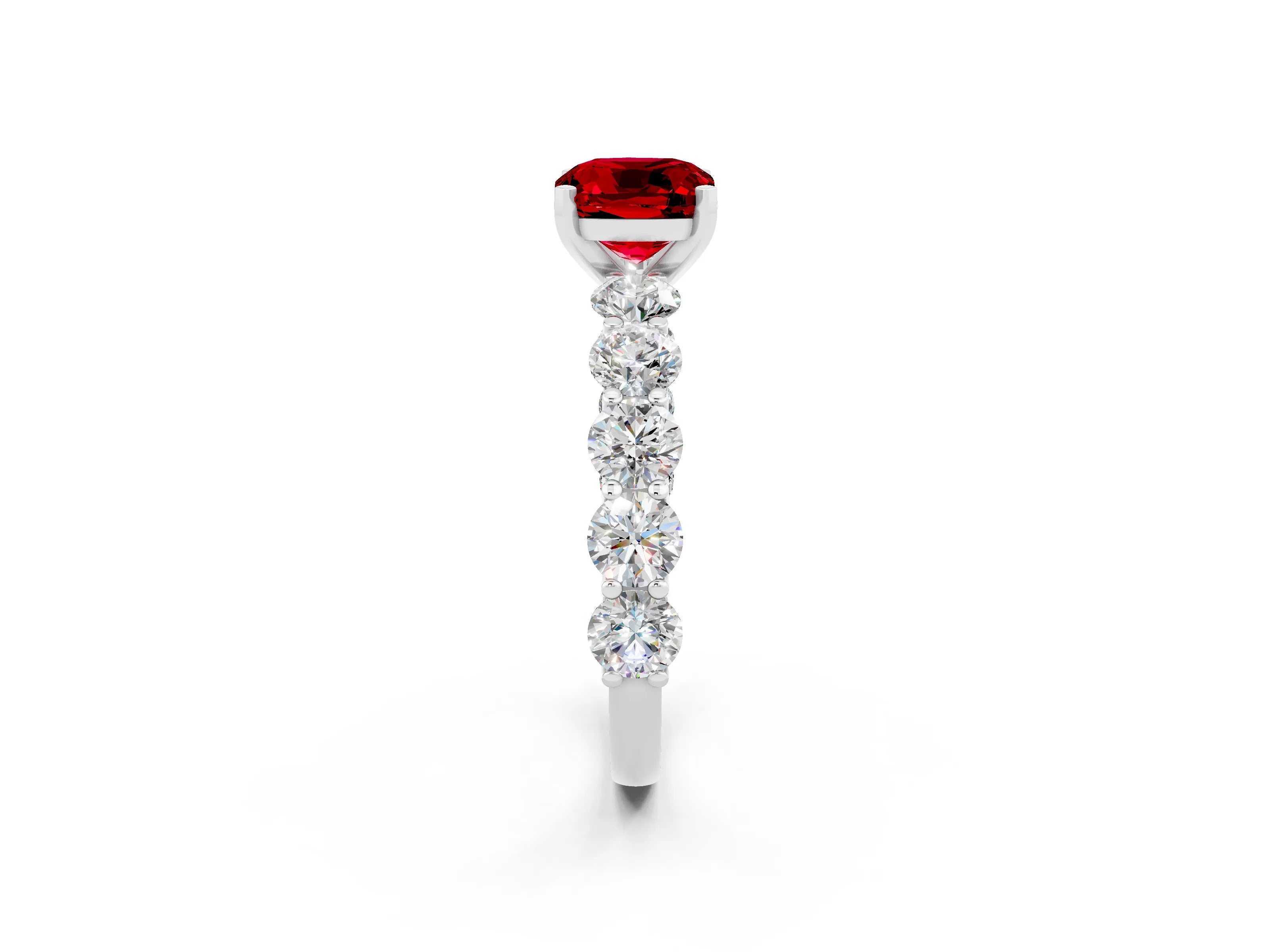 White gold Cushion Cut Ruby Prong Setting with Side Stones on a Pave Band_2