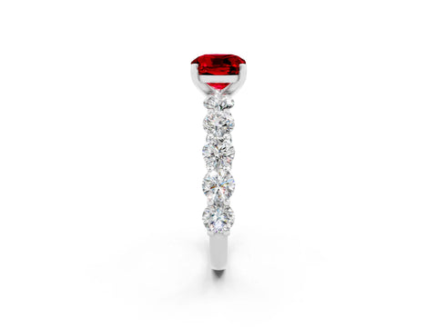 White gold Cushion Cut Ruby Prong Setting with Side Stones on a Pave Band_2