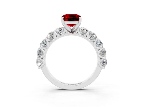 White gold Cushion Cut Ruby Prong Setting with Side Stones on a Pave Band_3