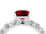 White gold Cushion Cut Ruby Prong Setting with Side Stones on a Pave Band_4