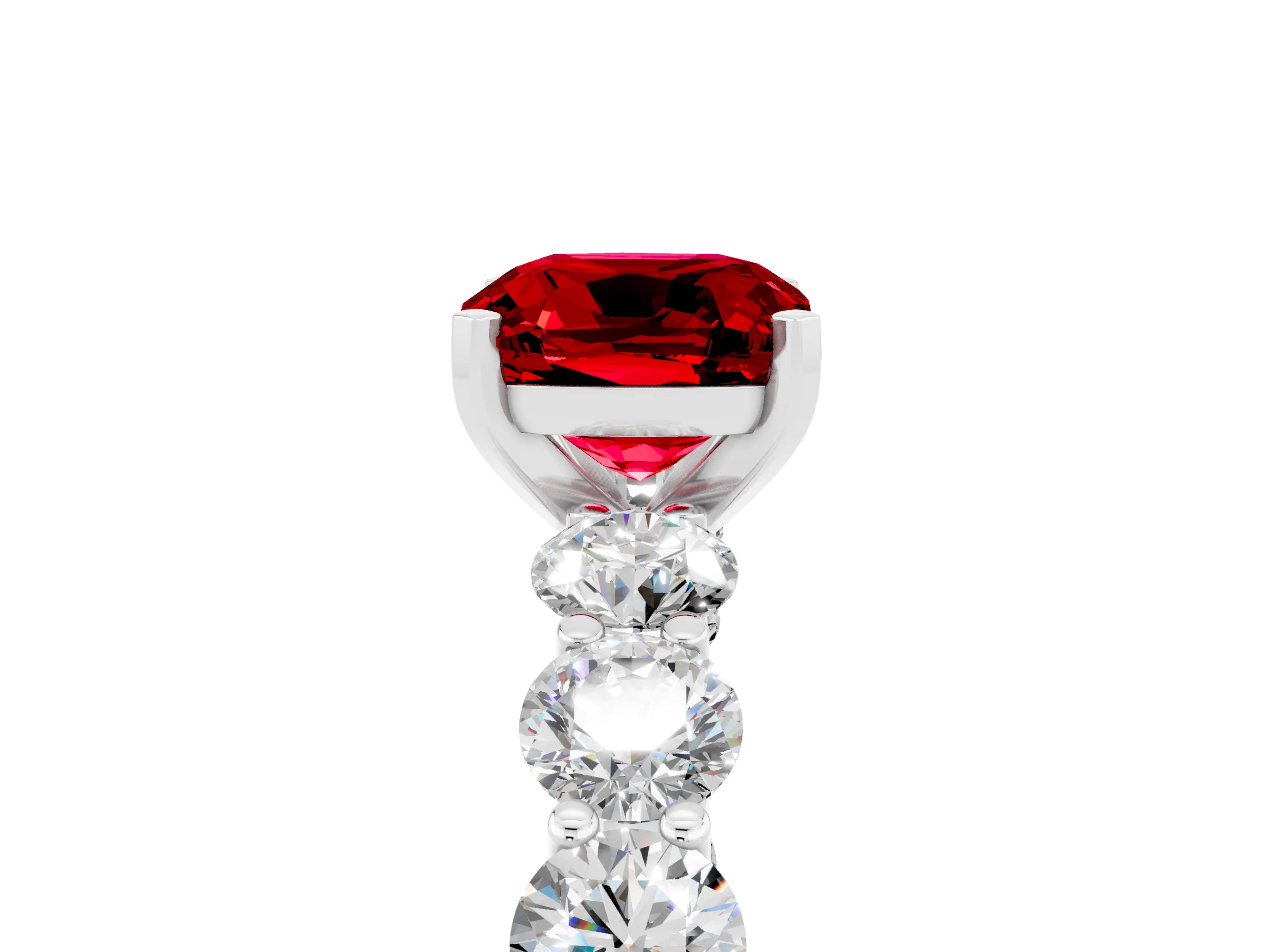 White gold Cushion Cut Ruby Prong Setting with Side Stones on a Pave Band_5