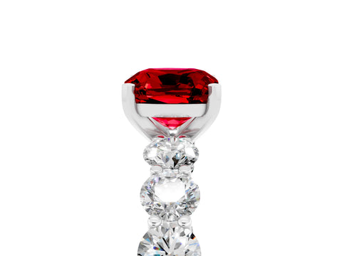 White gold Cushion Cut Ruby Prong Setting with Side Stones on a Pave Band_5