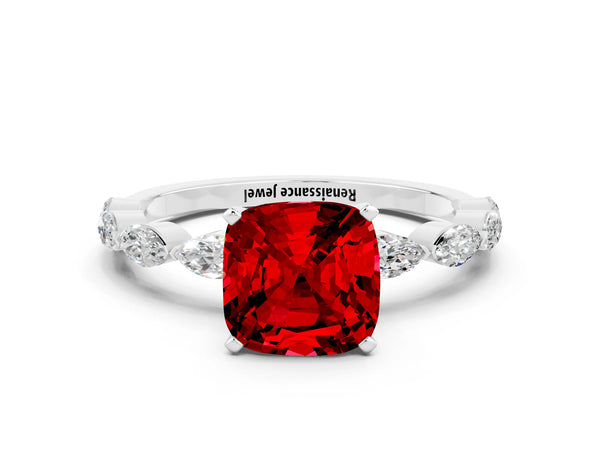 Platinum Cushion Cut Ruby Ring with Marquise Side Stones and Prong Setting