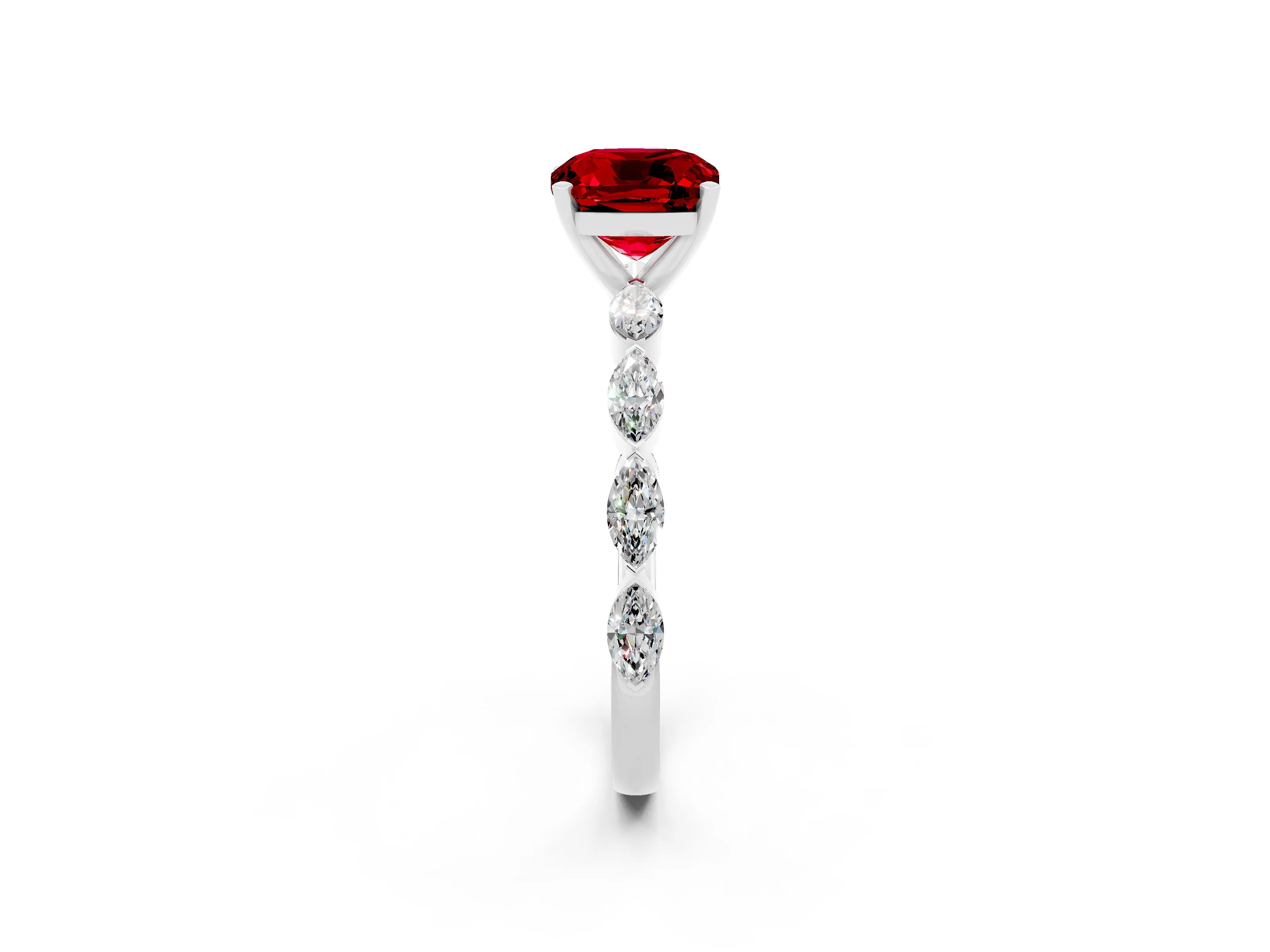 White gold Cushion Cut Ruby Ring with Marquise Side Stones and Prong Setting_2