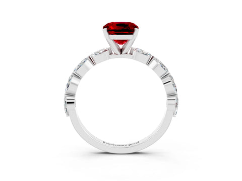 White gold Cushion Cut Ruby Ring with Marquise Side Stones and Prong Setting_3