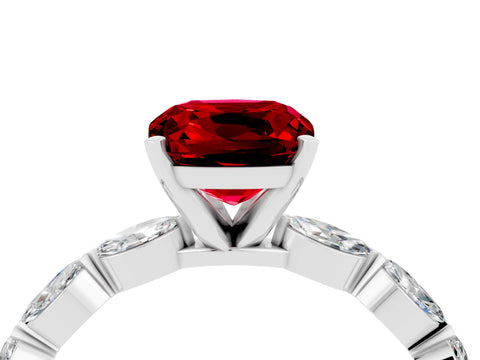 White gold Cushion Cut Ruby Ring with Marquise Side Stones and Prong Setting_4