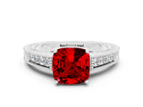 White gold Cushion Cut Ruby Ring with Milgrain Pavé Band and Four-Prong Setting_12