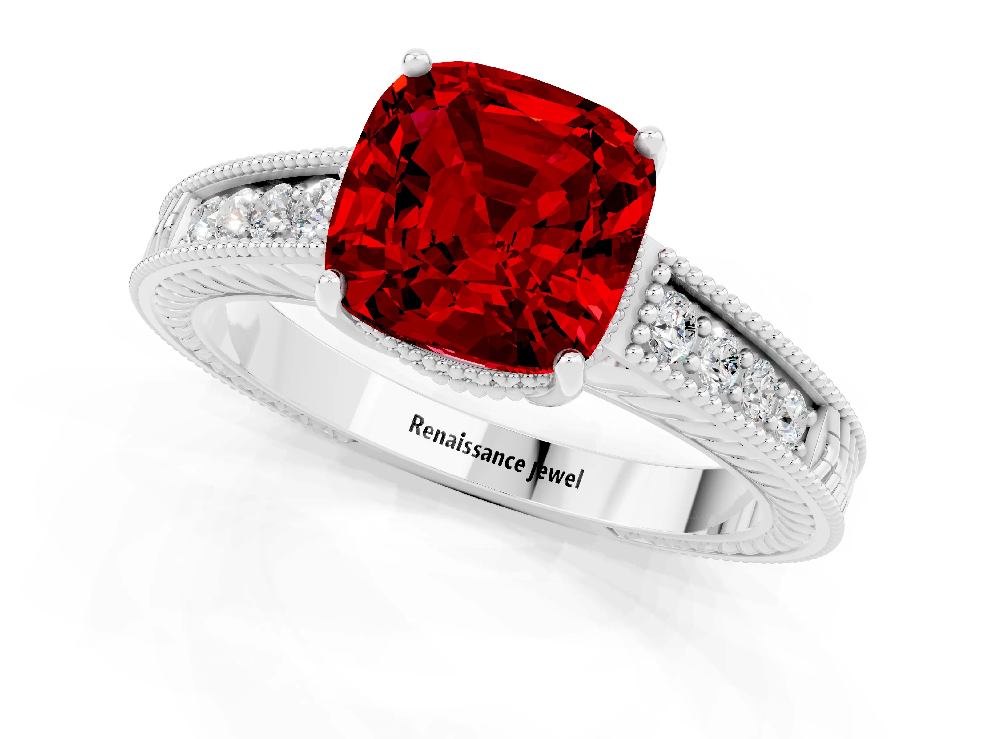 White gold Cushion Cut Ruby Ring with Milgrain Pavé Band and Four-Prong Setting_13