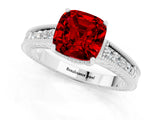 White gold Cushion Cut Ruby Ring with Milgrain Pavé Band and Four-Prong Setting_13