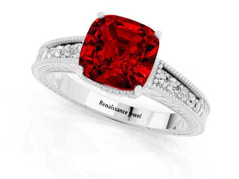White gold Cushion Cut Ruby Ring with Milgrain Pavé Band and Four-Prong Setting_13