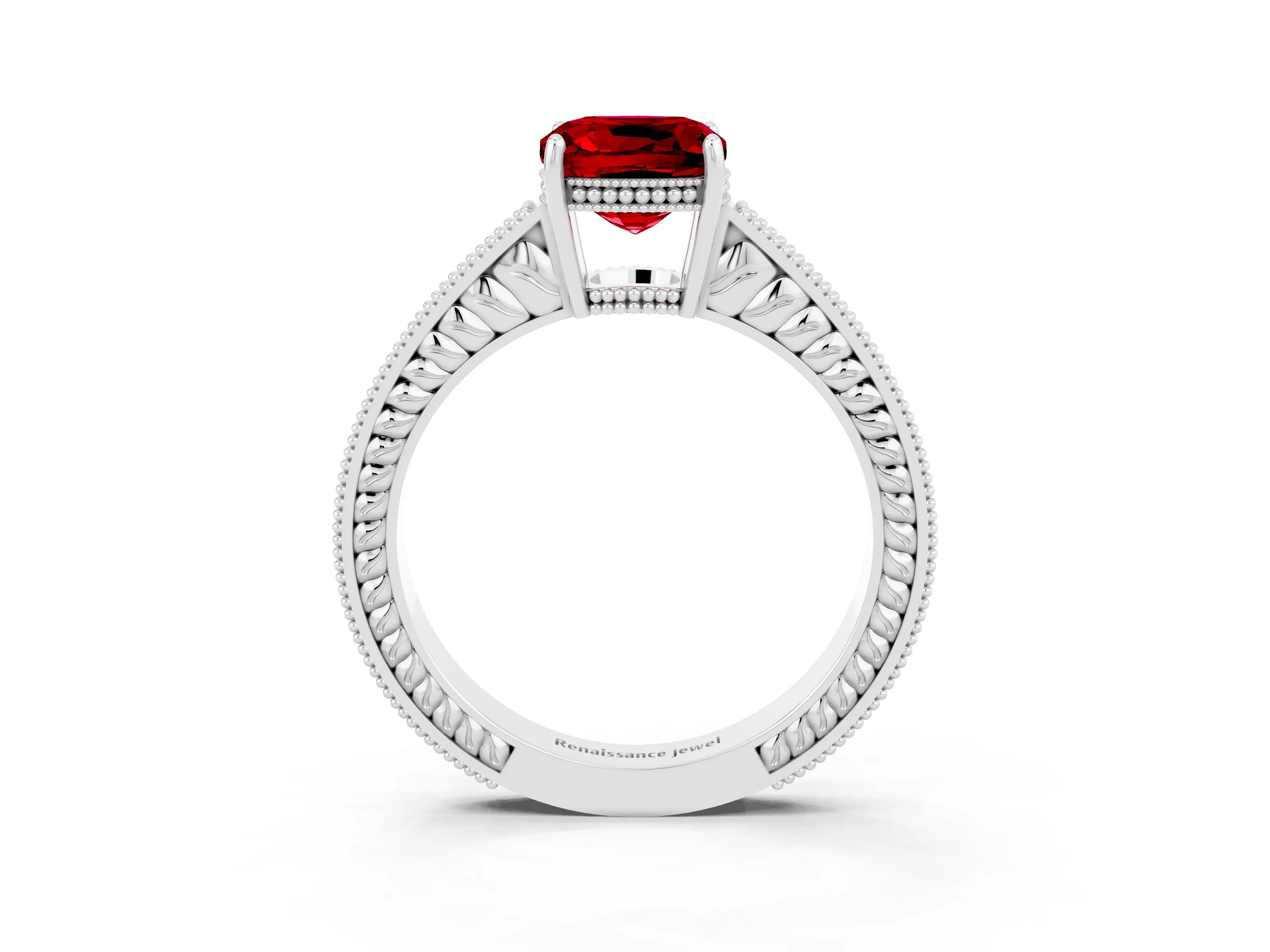 White gold Cushion Cut Ruby Ring with Milgrain Pavé Band and Four-Prong Setting_15