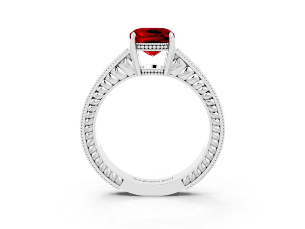 Platinum Cushion Cut Ruby Ring with Milgrain Pavé Band and Four-Prong Setting
