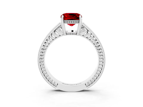 White gold Cushion Cut Ruby Ring with Milgrain Pavé Band and Four-Prong Setting_15