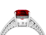 White gold Cushion Cut Ruby Ring with Milgrain Pavé Band and Four-Prong Setting_16