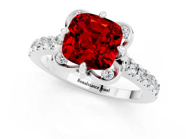 Platinum Cushion Cut Ruby Ring with Pavé Band and Floral Prong Setting