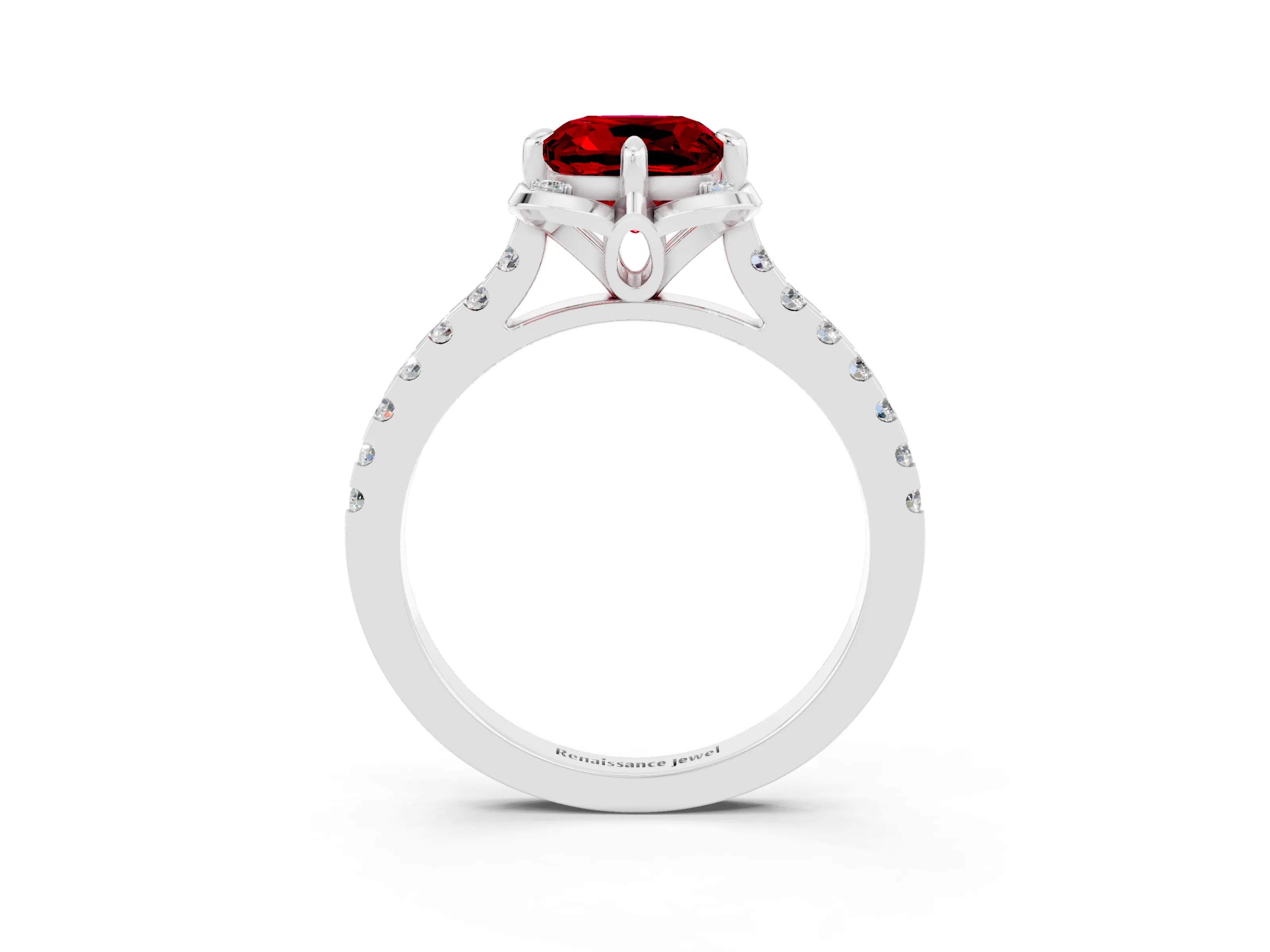 White gold Cushion Cut Ruby Ring with Pavé Band and Floral Prong Setting_3