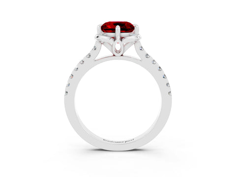 White gold Cushion Cut Ruby Ring with Pavé Band and Floral Prong Setting_3
