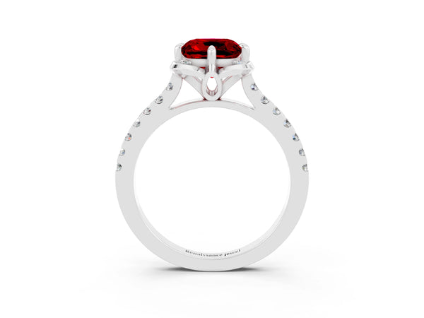 White gold Cushion Cut Ruby Ring with Pavé Band and Floral Prong Setting