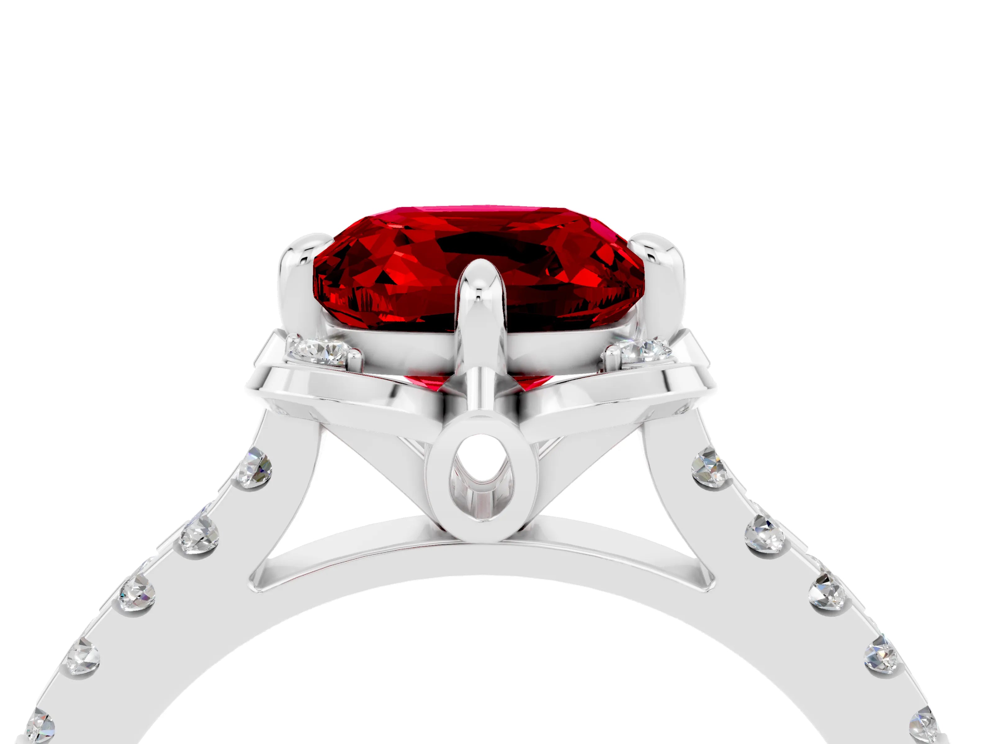 White gold Cushion Cut Ruby Ring with Pavé Band and Floral Prong Setting_4