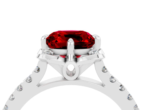 White gold Cushion Cut Ruby Ring with Pavé Band and Floral Prong Setting_4