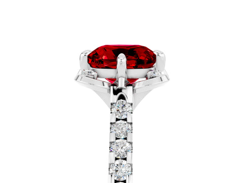 White gold Cushion Cut Ruby Ring with Pavé Band and Floral Prong Setting_5