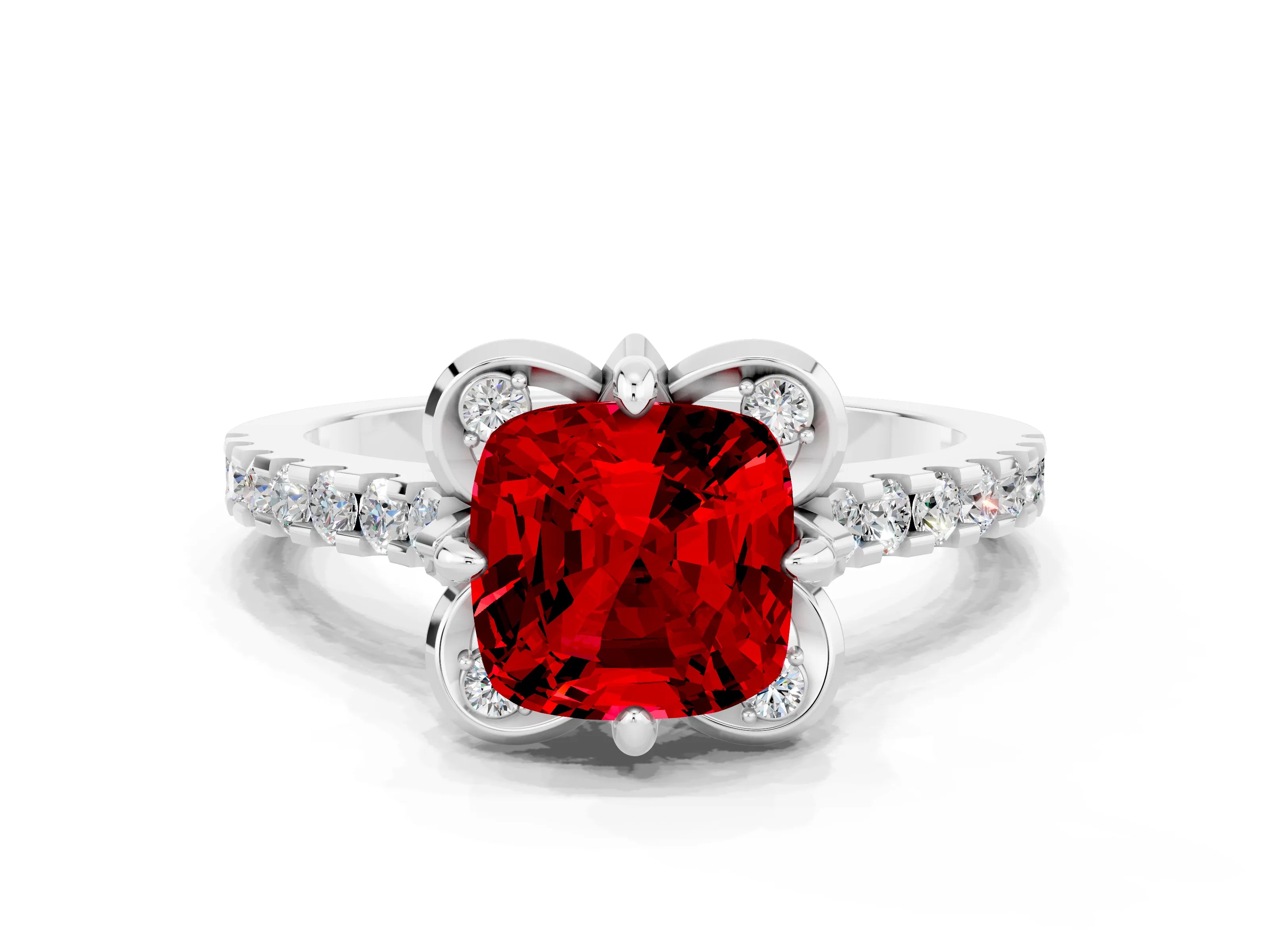 White gold Cushion Cut Ruby Ring with Pavé Band and Floral Prong Setting