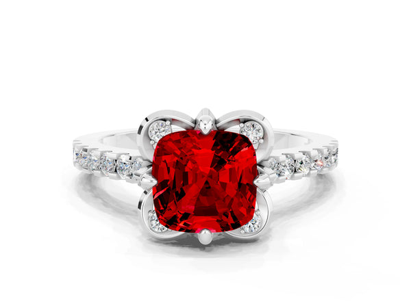 White gold Cushion Cut Ruby Ring with Pavé Band and Floral Prong Setting