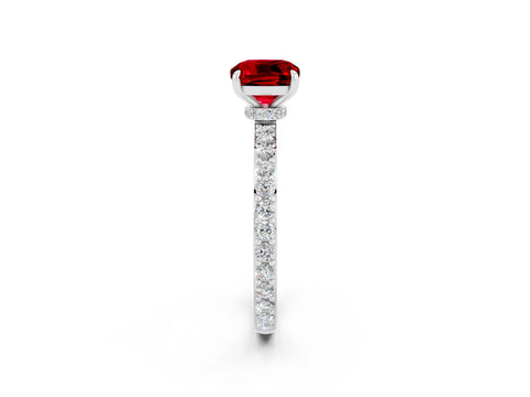White gold Cushion Cut Ruby Ring with Pavé Band and Four-Prong Setting_2
